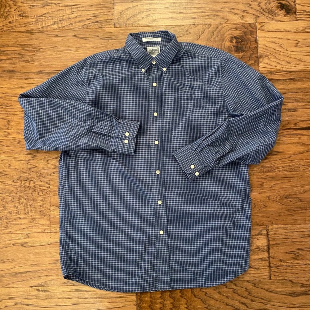 LL Bean Button Down Shirt Mens Large Blue Grid Wrinkle Resistant 285275